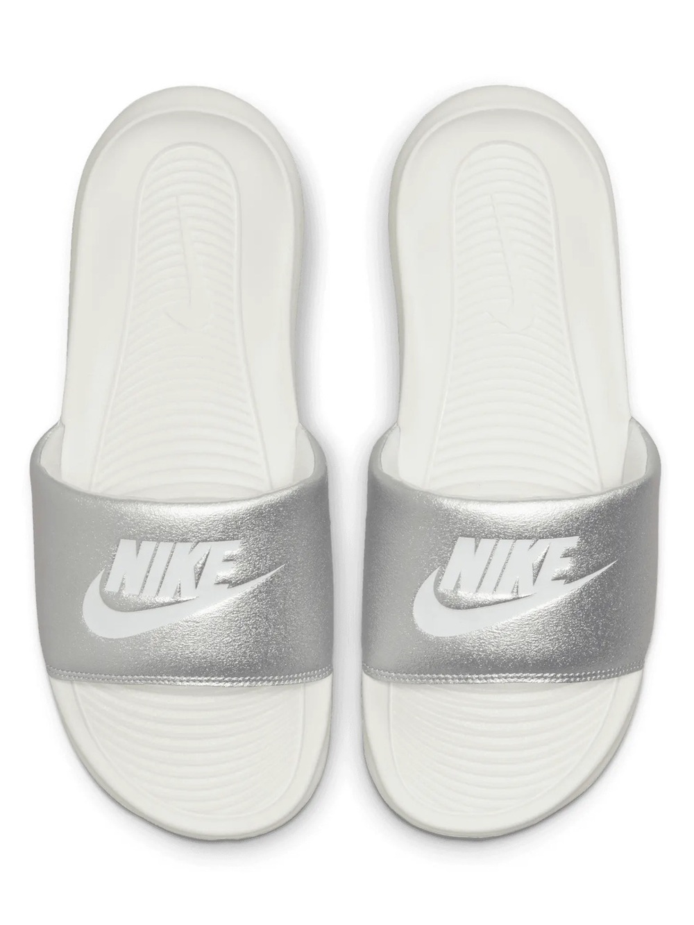 Nike White and Silver Slide Sandals